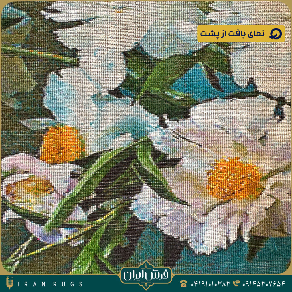 قیمت خرید تابلوفرش دستبافت گل سفید زمینه آبی ترابی .