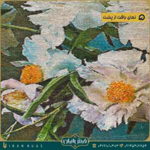 قیمت خرید تابلوفرش دستبافت گل سفید زمینه آبی ترابی .